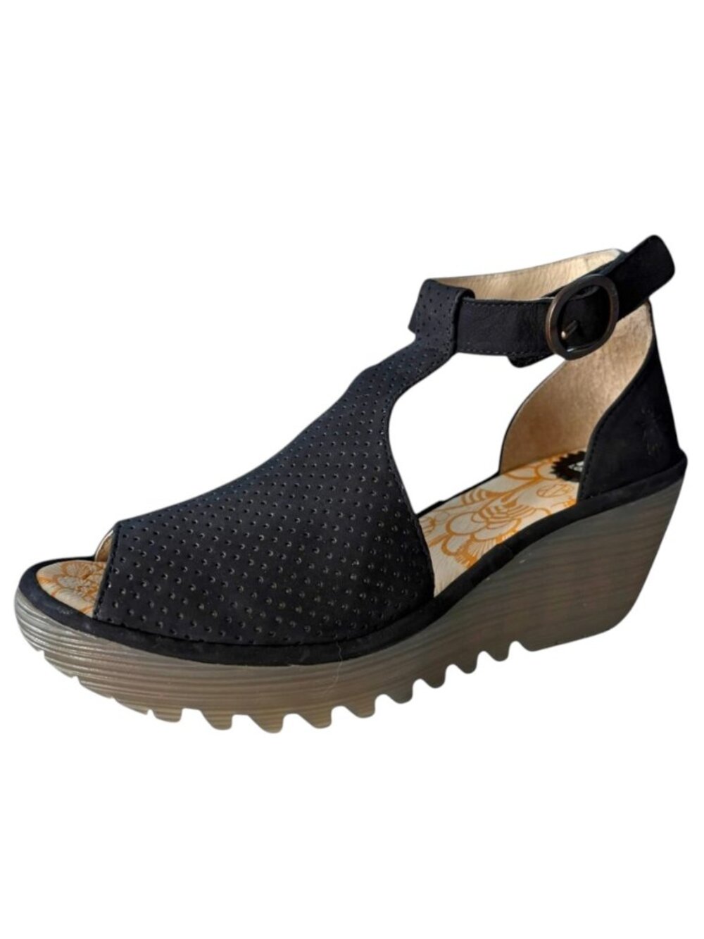 FLY London Lemo Black Leather T Strap Wedge Sandals NWOB